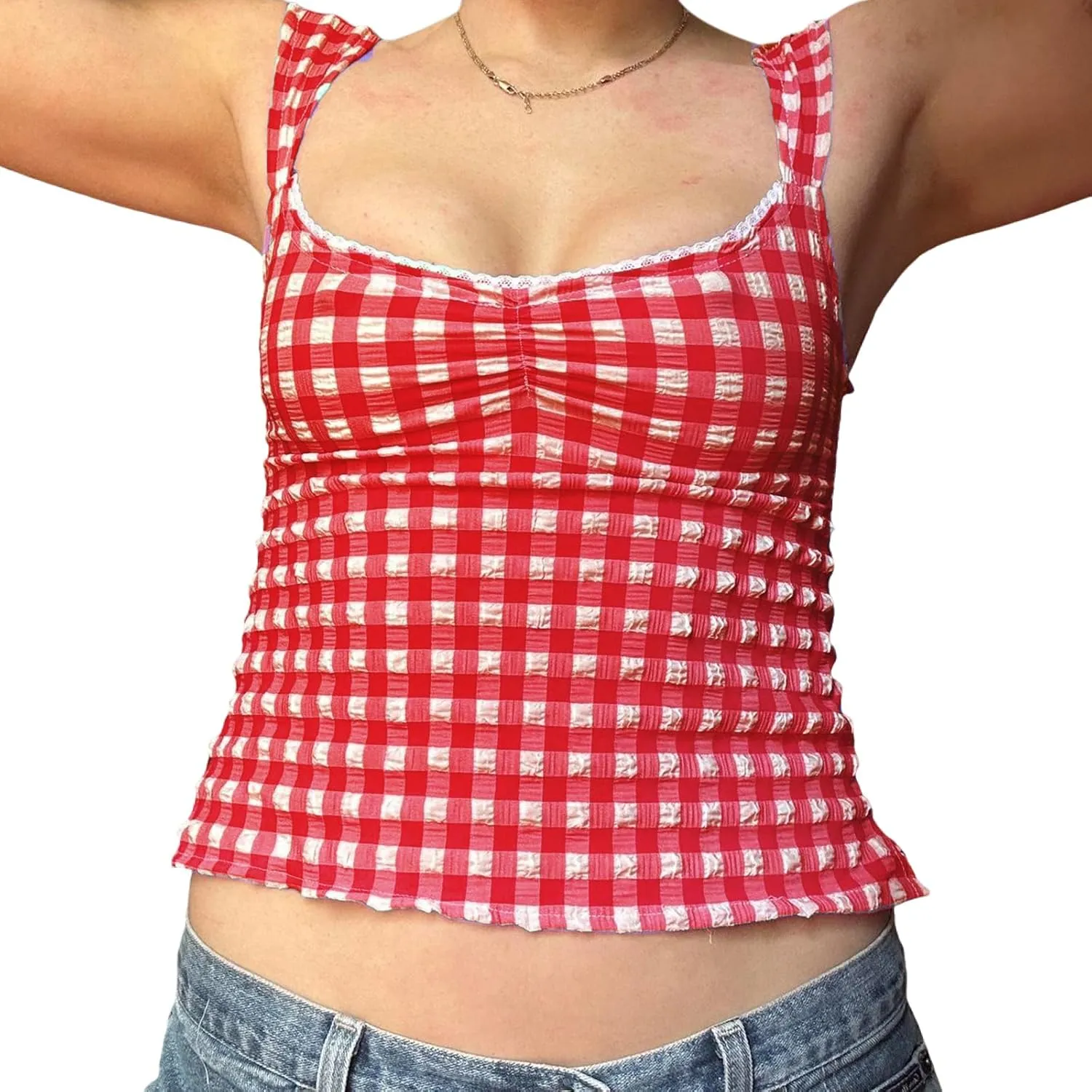 Women Summer Camisole Sleeveless Low-Cut Backless Plaid Tops Lace Trim Slim Fit Vest