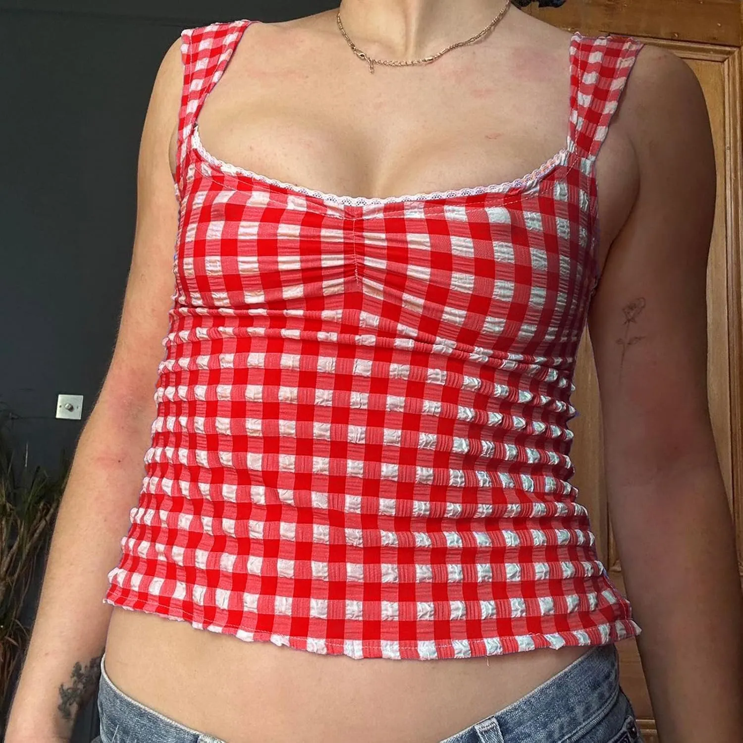 Women Summer Camisole Sleeveless Low-Cut Backless Plaid Tops Lace Trim Slim Fit Vest