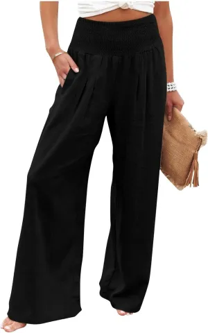 Women Wide Leg Cotton Linen Pants,Summer Boho Beach Yoga Palazzo Pant High Waist Loose Lounge Trousers with Pockets