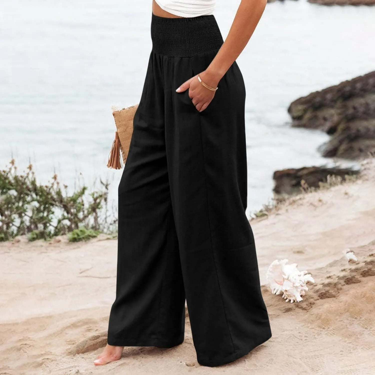 Women Wide Leg Cotton Linen Pants,Summer Boho Beach Yoga Palazzo Pant High Waist Loose Lounge Trousers with Pockets