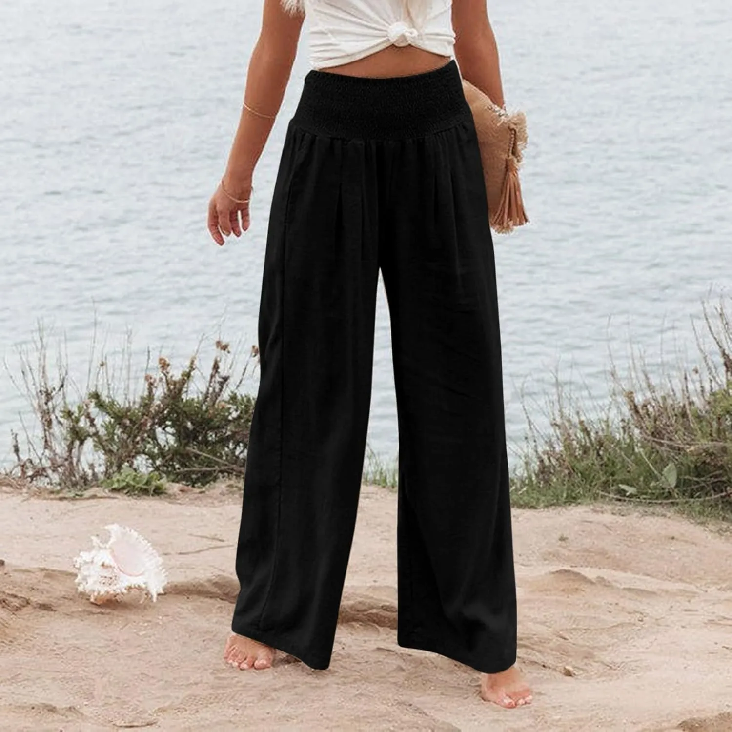 Women Wide Leg Cotton Linen Pants,Summer Boho Beach Yoga Palazzo Pant High Waist Loose Lounge Trousers with Pockets