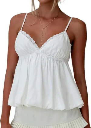 Women Y2k Lace Trim Camisole Spaghetti Strap Flowy Babydoll Tank Tops Cute Bow V Neck Ruffle Hem Peplum Camis