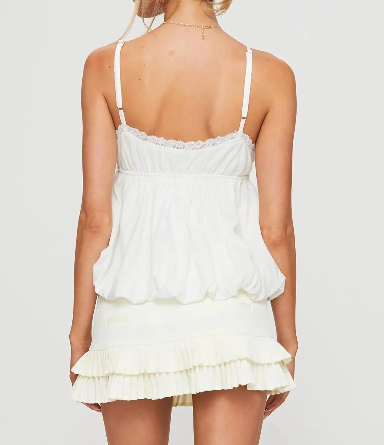 Women Y2k Lace Trim Camisole Spaghetti Strap Flowy Babydoll Tank Tops Cute Bow V Neck Ruffle Hem Peplum Camis