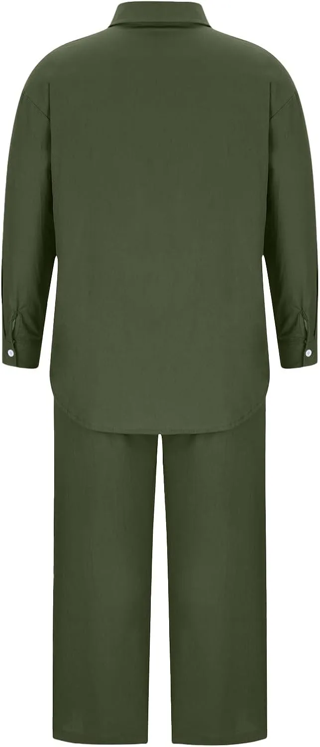 Womens 2 Piece Cotton Linen Sets Plus Size Lounge Outfits Long Shirts Plus Size Long Pants Tracksuit Sweatsuits
