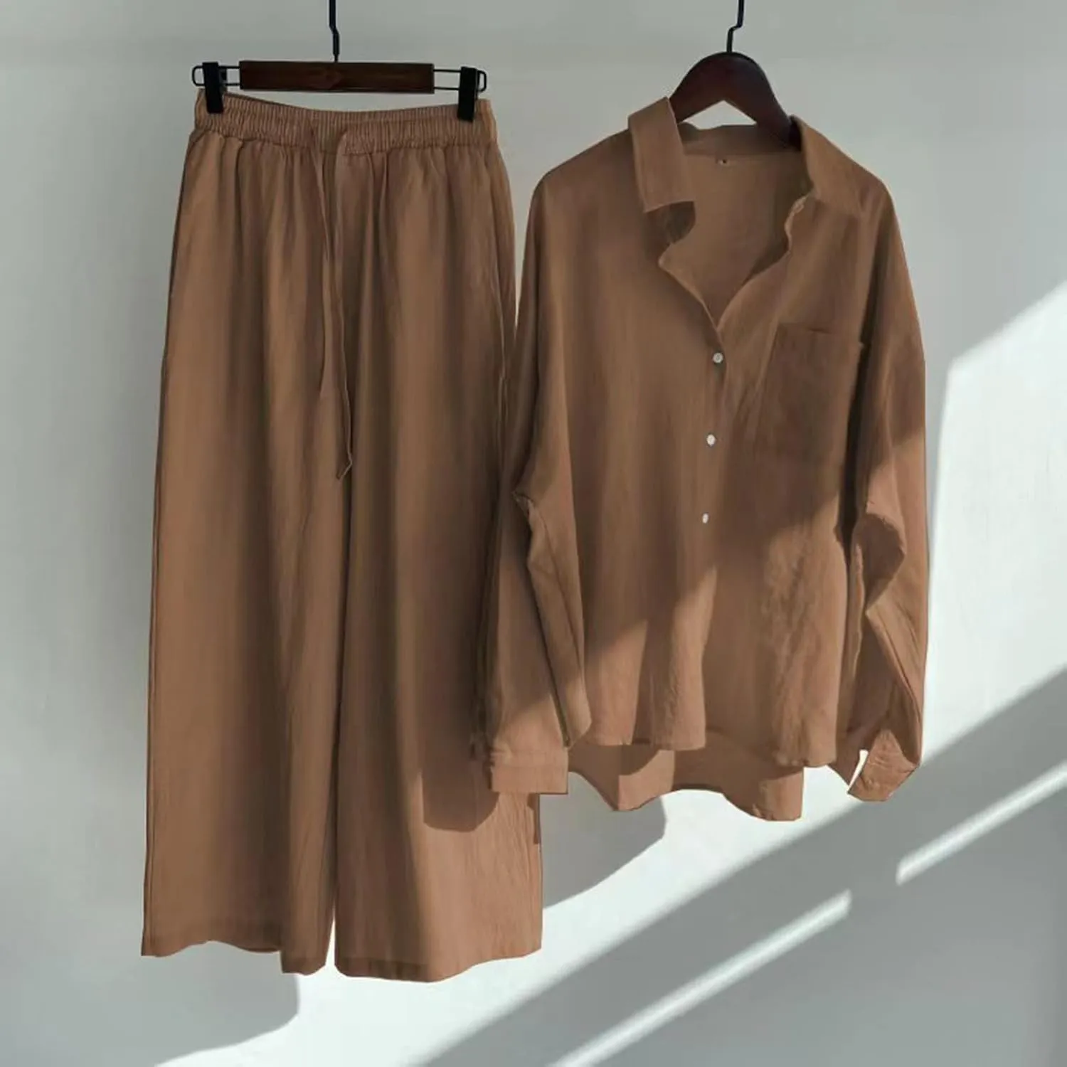 Womens 2 Piece Cotton Linen Sets Plus Size Lounge Outfits Long Shirts Plus Size Long Pants Tracksuit Sweatsuits