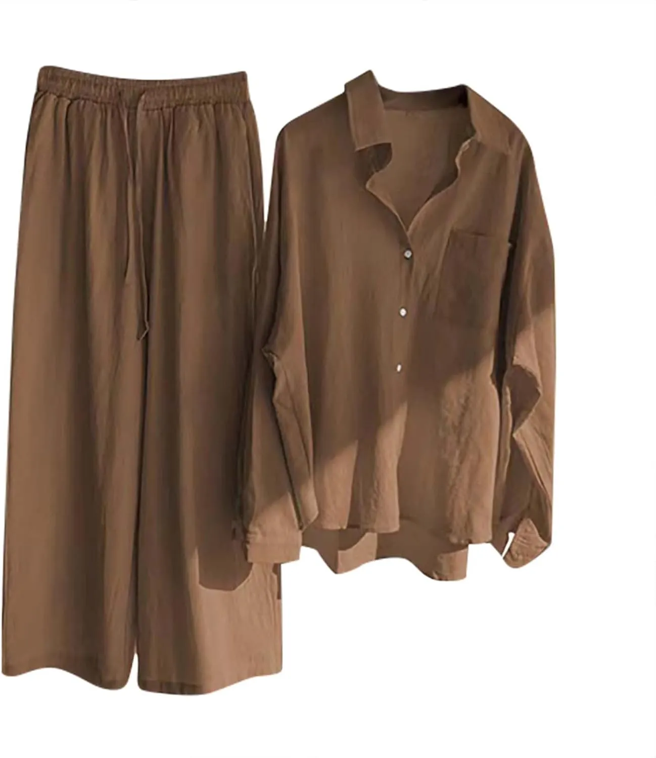 Womens 2 Piece Cotton Linen Sets Plus Size Lounge Outfits Long Shirts Plus Size Long Pants Tracksuit Sweatsuits