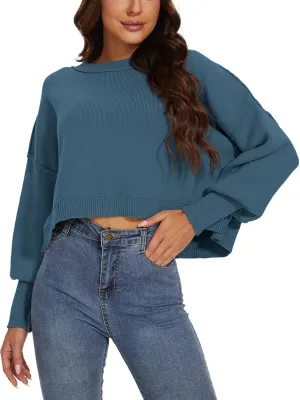 Women's 2024 Crewneck Cropped Sweater Batwing Sleeve Side Slit Ribbed Knit Oversized Pullover Tops
