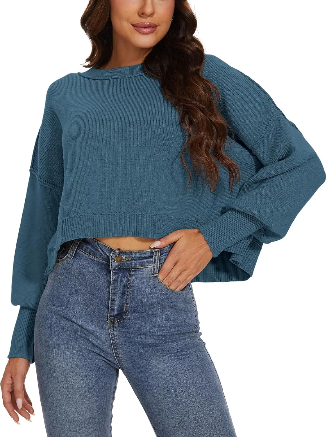 Women's 2024 Crewneck Cropped Sweater Batwing Sleeve Side Slit Ribbed Knit Oversized Pullover Tops