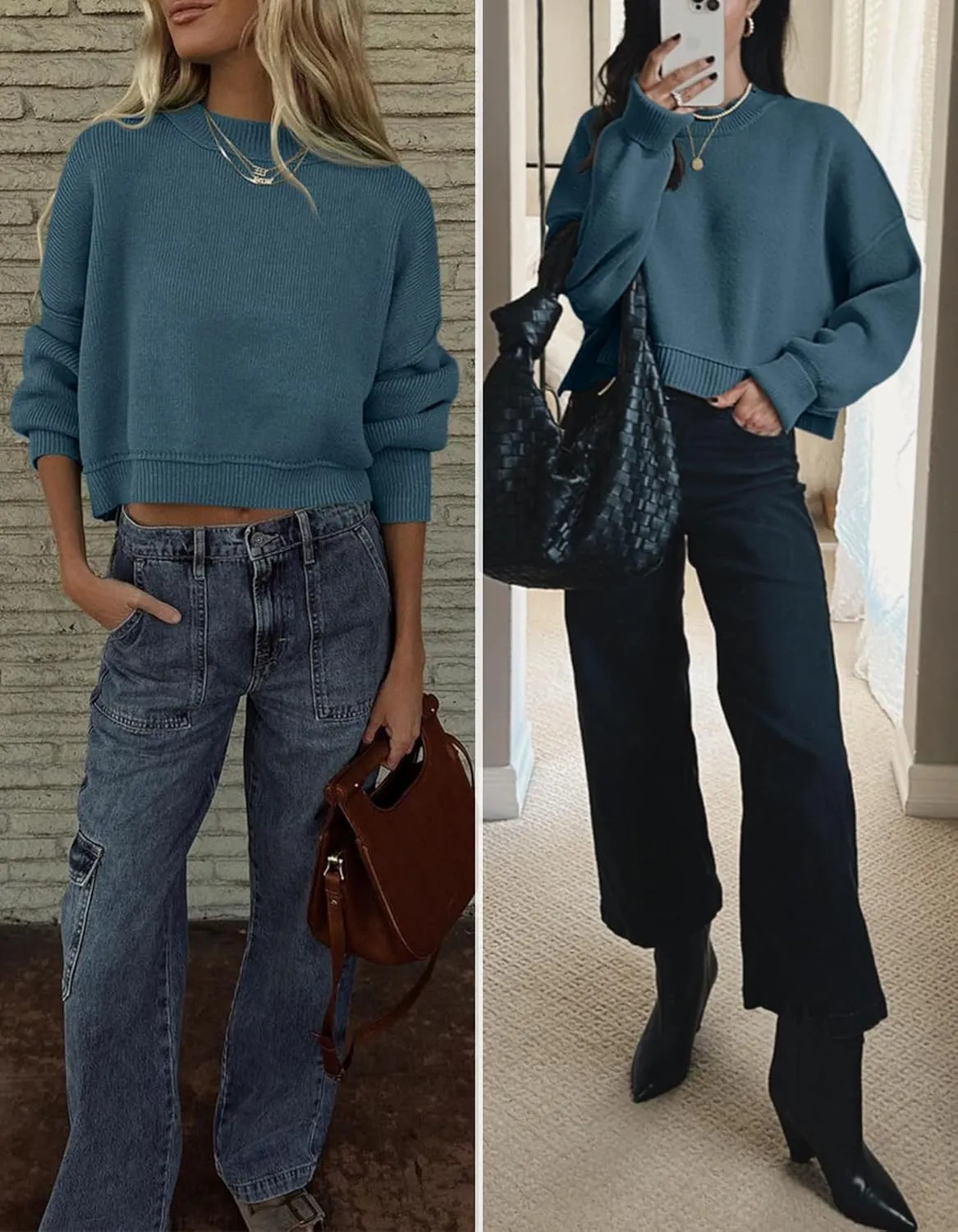 Women's 2024 Crewneck Cropped Sweater Batwing Sleeve Side Slit Ribbed Knit Oversized Pullover Tops
