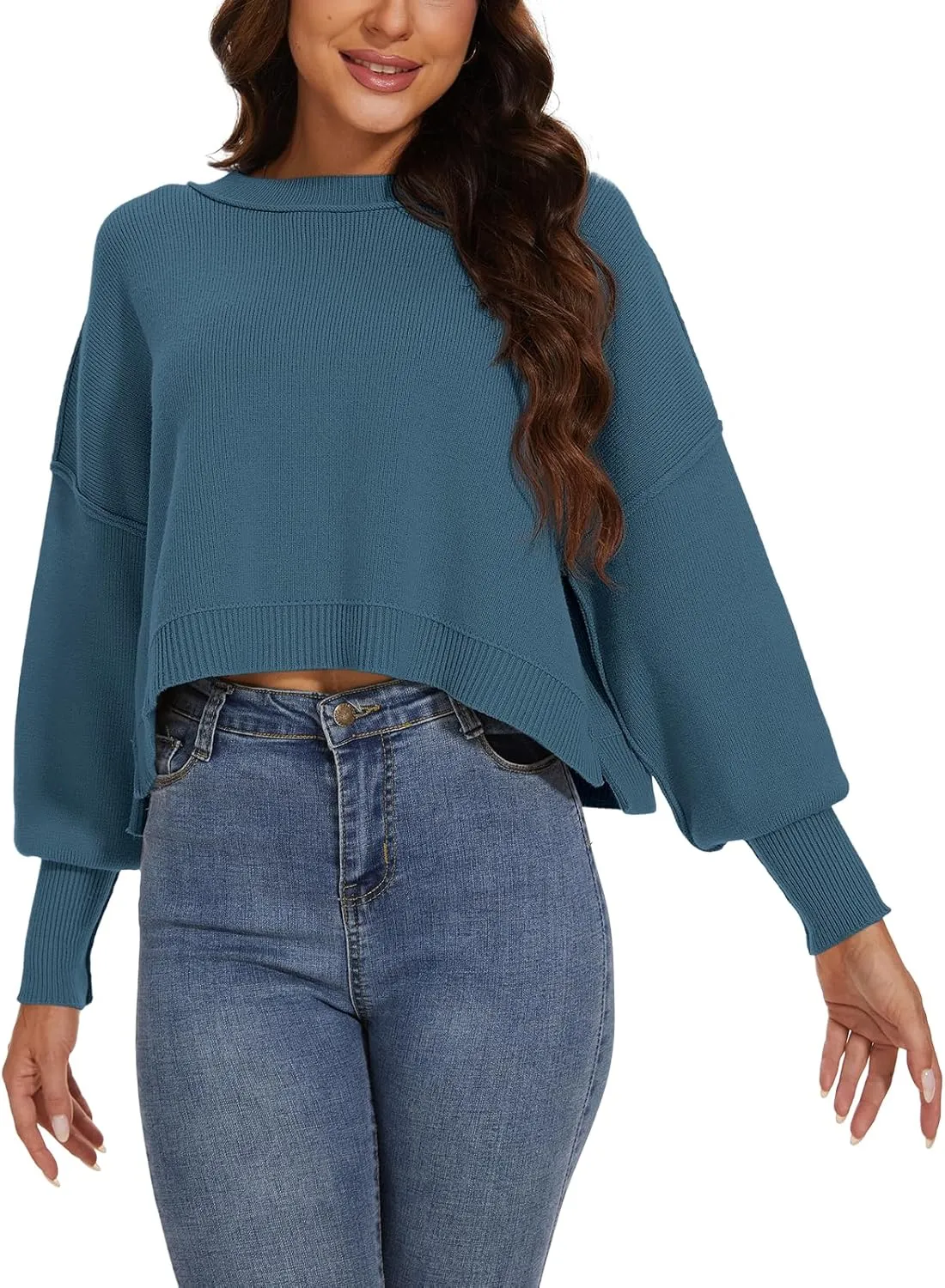 Women's 2024 Crewneck Cropped Sweater Batwing Sleeve Side Slit Ribbed Knit Oversized Pullover Tops
