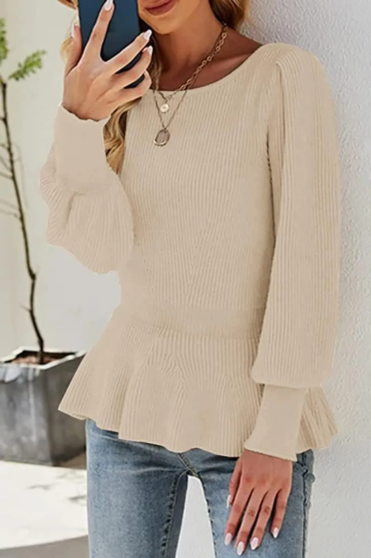 Womens 2024 Fall Puff Sleeve Peplum Casual Slim Fit Knit Pullover Sweater Jumper Tops