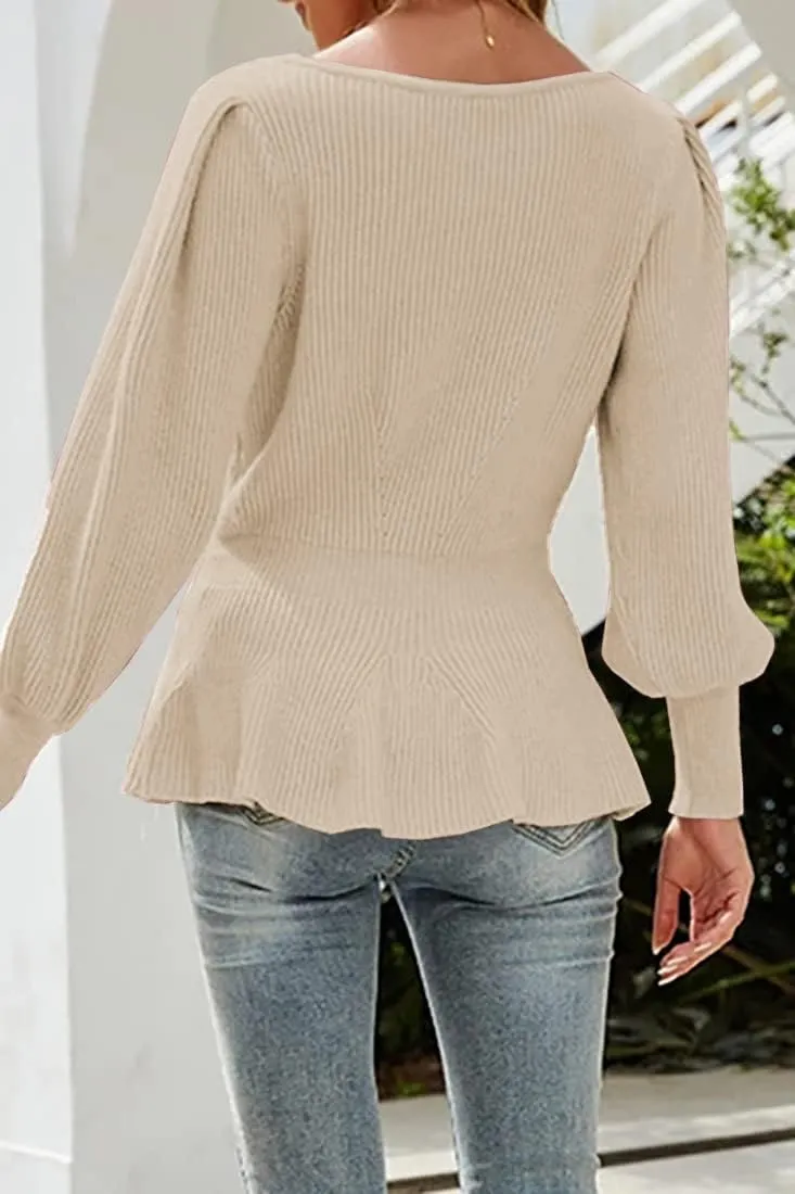 Womens 2024 Fall Puff Sleeve Peplum Casual Slim Fit Knit Pullover Sweater Jumper Tops