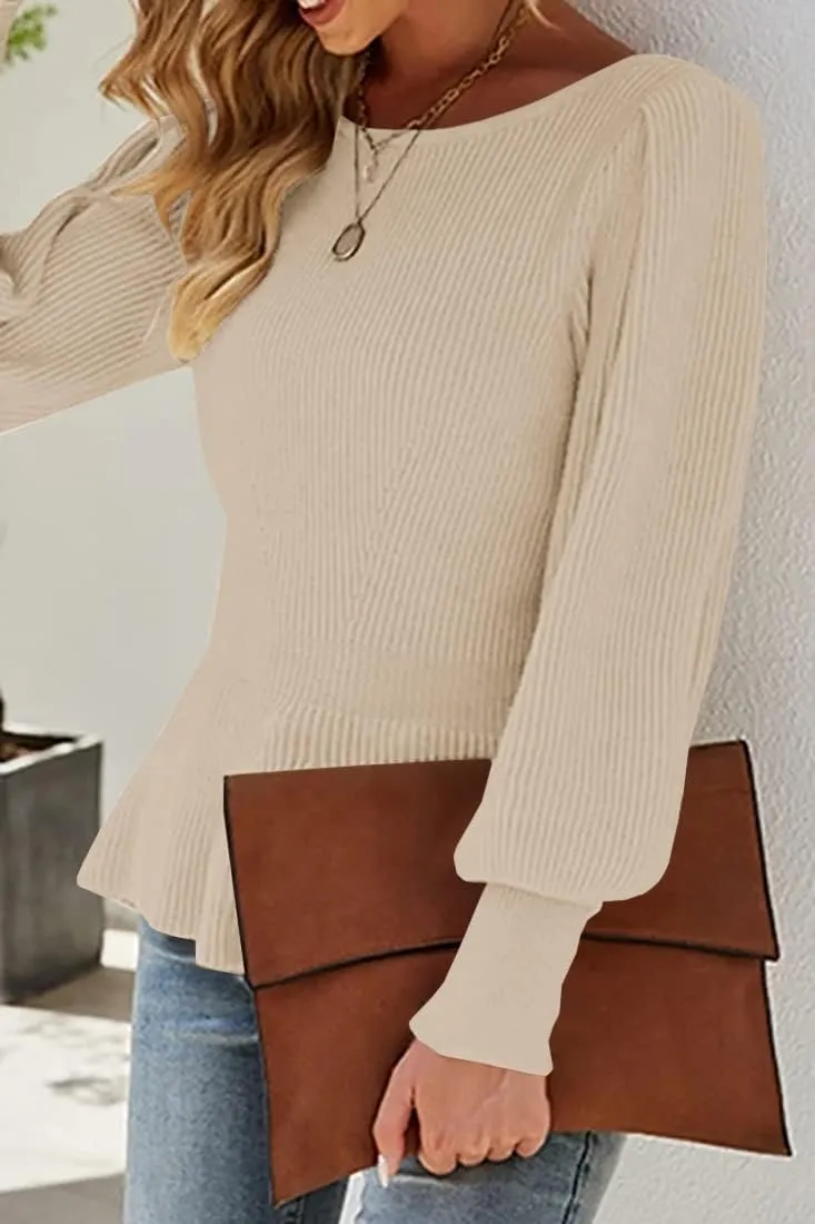 Womens 2024 Fall Puff Sleeve Peplum Casual Slim Fit Knit Pullover Sweater Jumper Tops