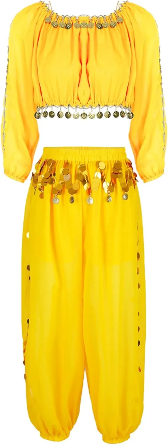 Women's 2Pcs Belly Dancer Costumes Crop Top Harem Pants with Built-in Shorts for Dress Up