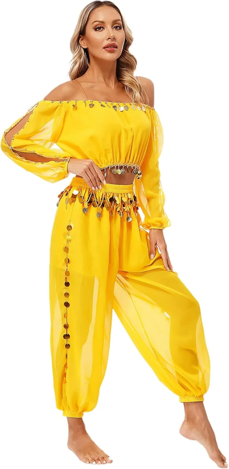 Women's 2Pcs Belly Dancer Costumes Crop Top Harem Pants with Built-in Shorts for Dress Up