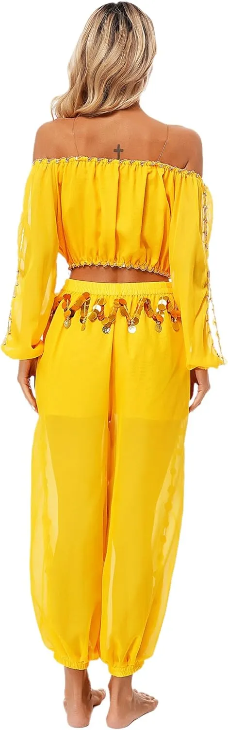 Women's 2Pcs Belly Dancer Costumes Crop Top Harem Pants with Built-in Shorts for Dress Up