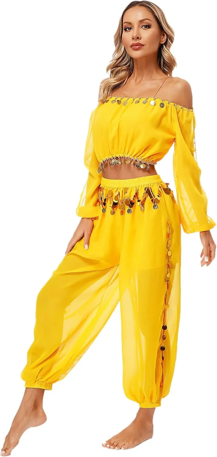 Women's 2Pcs Belly Dancer Costumes Crop Top Harem Pants with Built-in Shorts for Dress Up