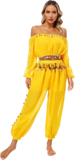 Women's 2Pcs Belly Dancer Costumes Crop Top Harem Pants with Built-in Shorts for Dress Up