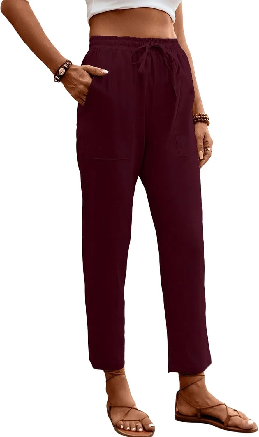 Womens Baggy Wide Leg Pants High Waist Adjustable Cotton Linen Lounge Beach Summer Trousers with Pockets