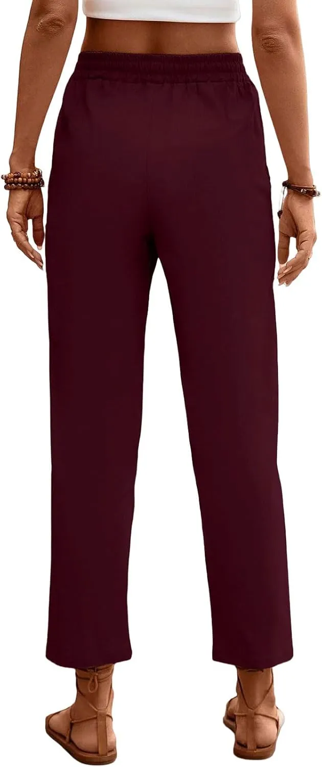 Womens Baggy Wide Leg Pants High Waist Adjustable Cotton Linen Lounge Beach Summer Trousers with Pockets