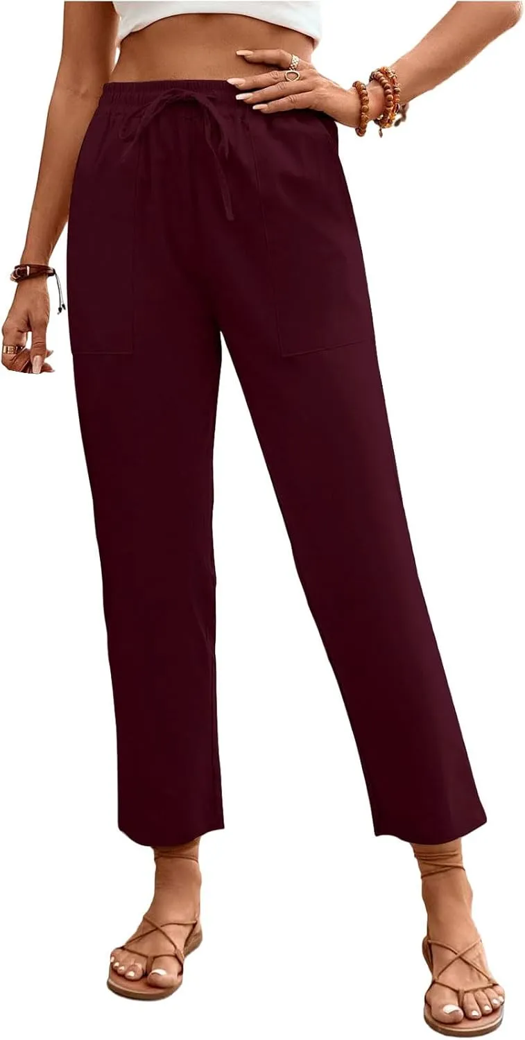 Womens Baggy Wide Leg Pants High Waist Adjustable Cotton Linen Lounge Beach Summer Trousers with Pockets