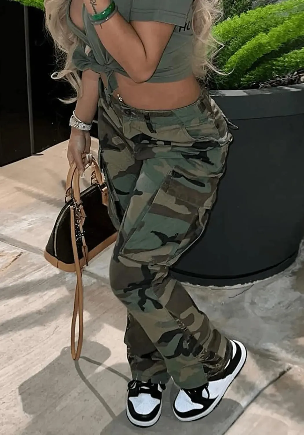 Womens Camo Cargo High Waist Pants Camouflage Military Elastic Trousers with Pockets