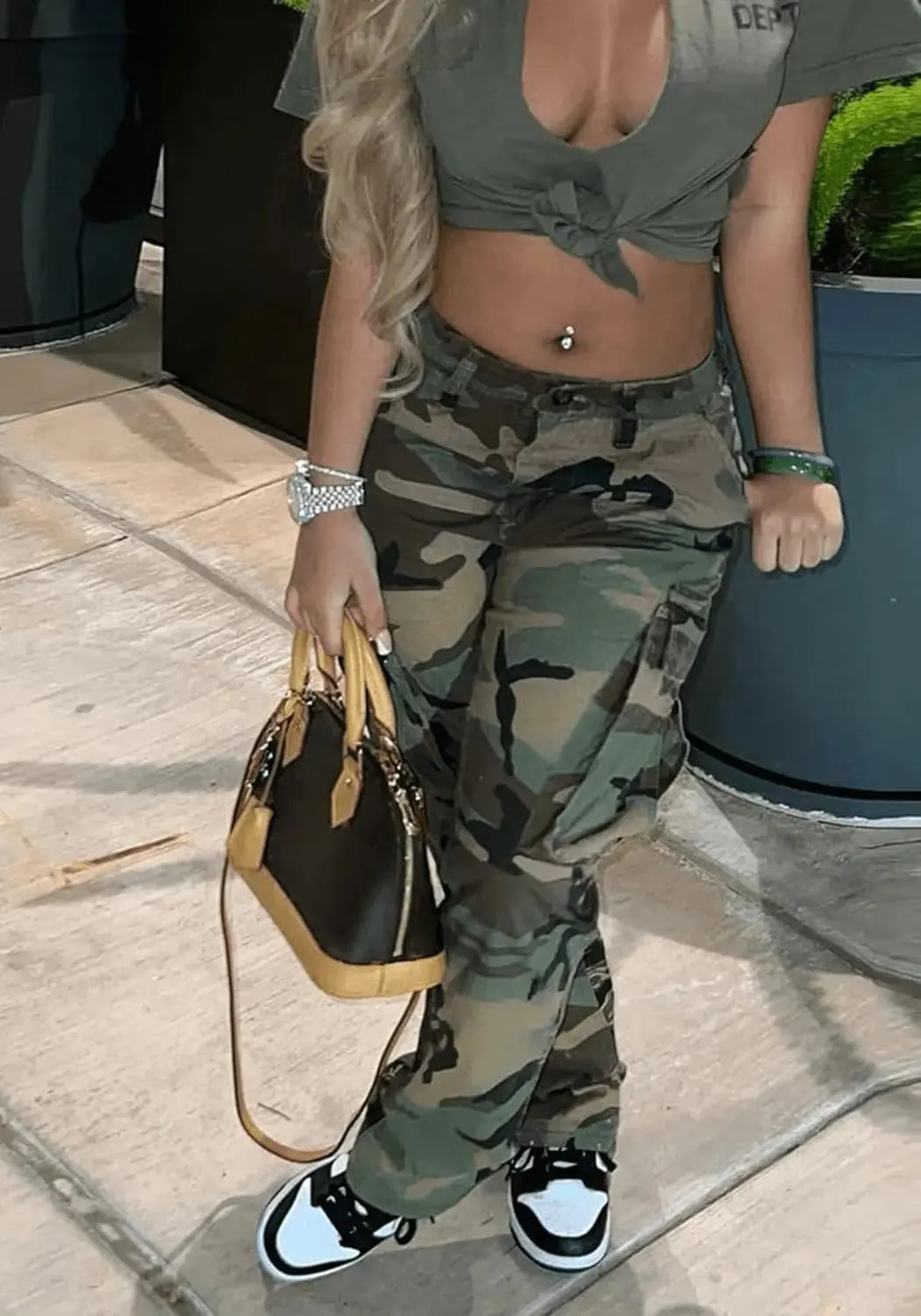 Womens Camo Cargo High Waist Pants Camouflage Military Elastic Trousers with Pockets
