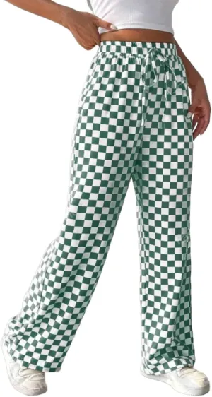 Women's Casual Checkered Pants Drawstring Elastic Waist Comfy Loose Straight Wide Leg Plaid Pants with Pockets