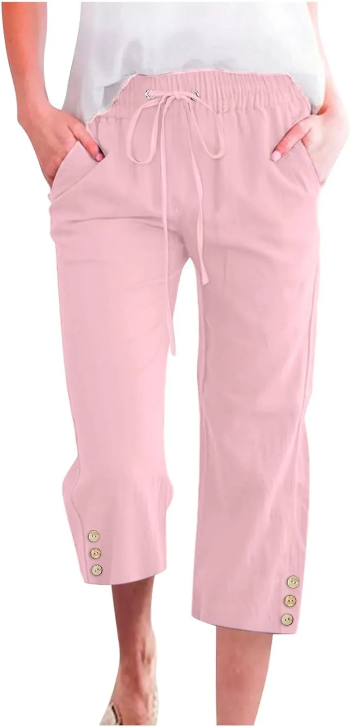 Women'S Casual Cotton Linen Pant Trendy Lounge Elastic Regular Fashion Waist Summer Elastic Trousers with Pocket