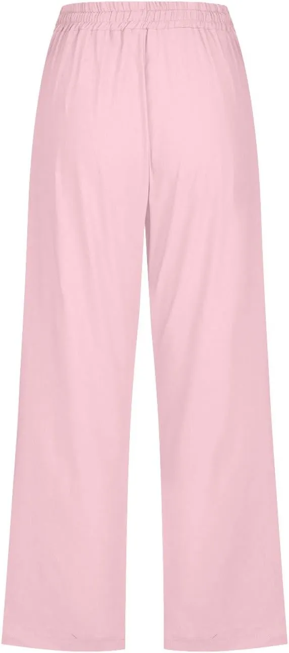 Women'S Casual Cotton Linen Pant Trendy Lounge Elastic Regular Fashion Waist Summer Elastic Trousers with Pocket