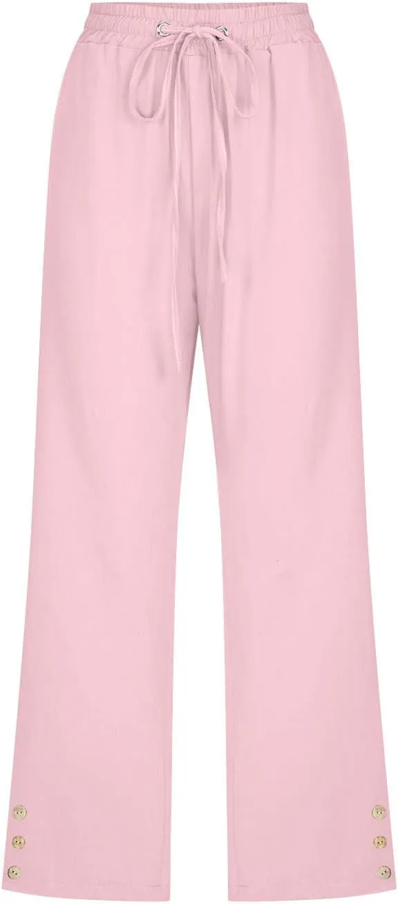 Women'S Casual Cotton Linen Pant Trendy Lounge Elastic Regular Fashion Waist Summer Elastic Trousers with Pocket