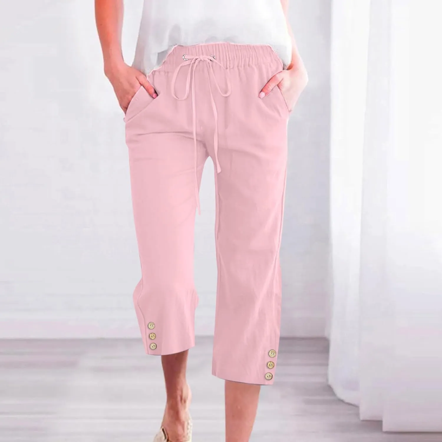Women'S Casual Cotton Linen Pant Trendy Lounge Elastic Regular Fashion Waist Summer Elastic Trousers with Pocket