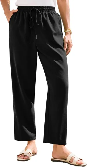 Womens Casual Linen High Waist Pants Drawstring Loose Fit Summer Beach Pants Trousers with Pockets
