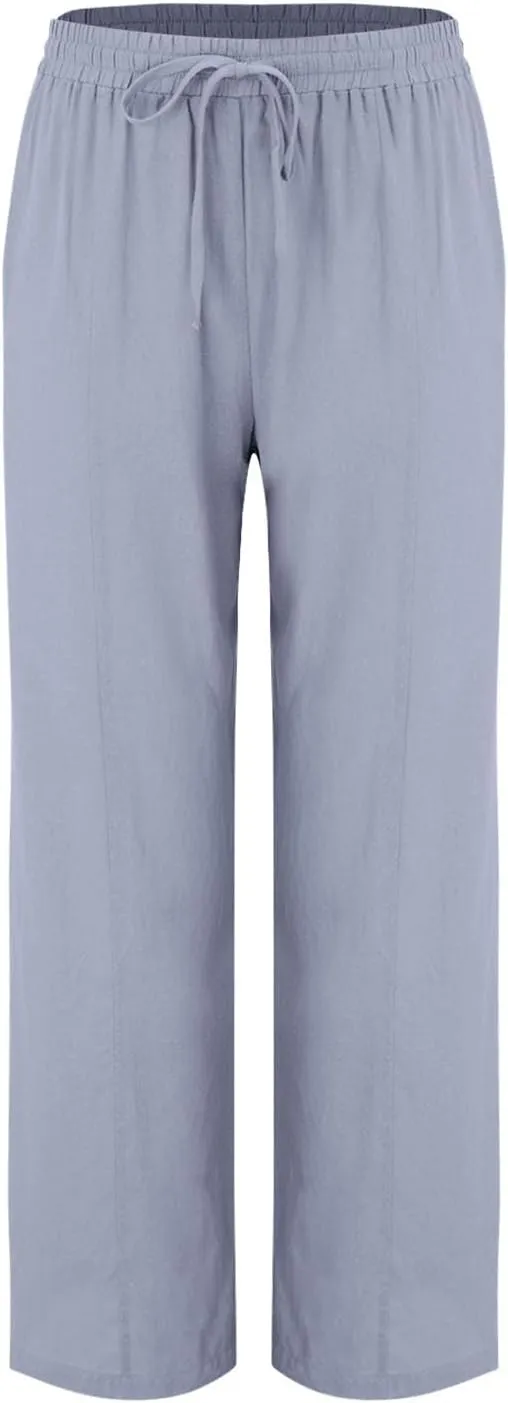 Womens Casual Linen High Waist Pants Wide Leg Drawstring Loose Fit Summer Trousers Summer Beach Pant with Side Pocket