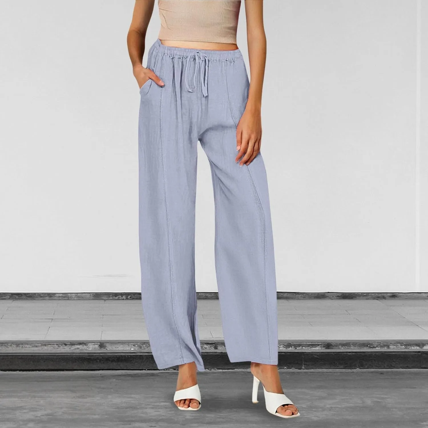 Womens Casual Linen High Waist Pants Wide Leg Drawstring Loose Fit Summer Trousers Summer Beach Pant with Side Pocket