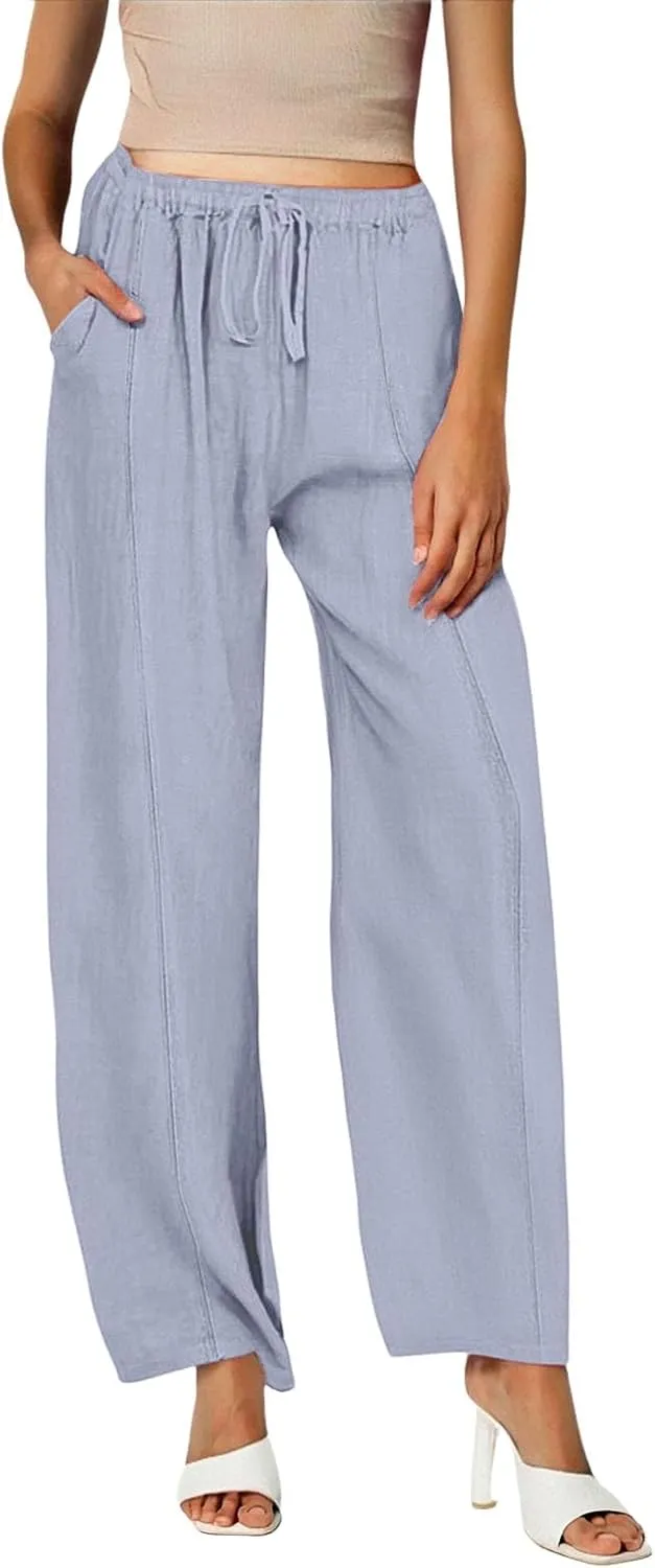 Womens Casual Linen High Waist Pants Wide Leg Drawstring Loose Fit Summer Trousers Summer Beach Pant with Side Pocket