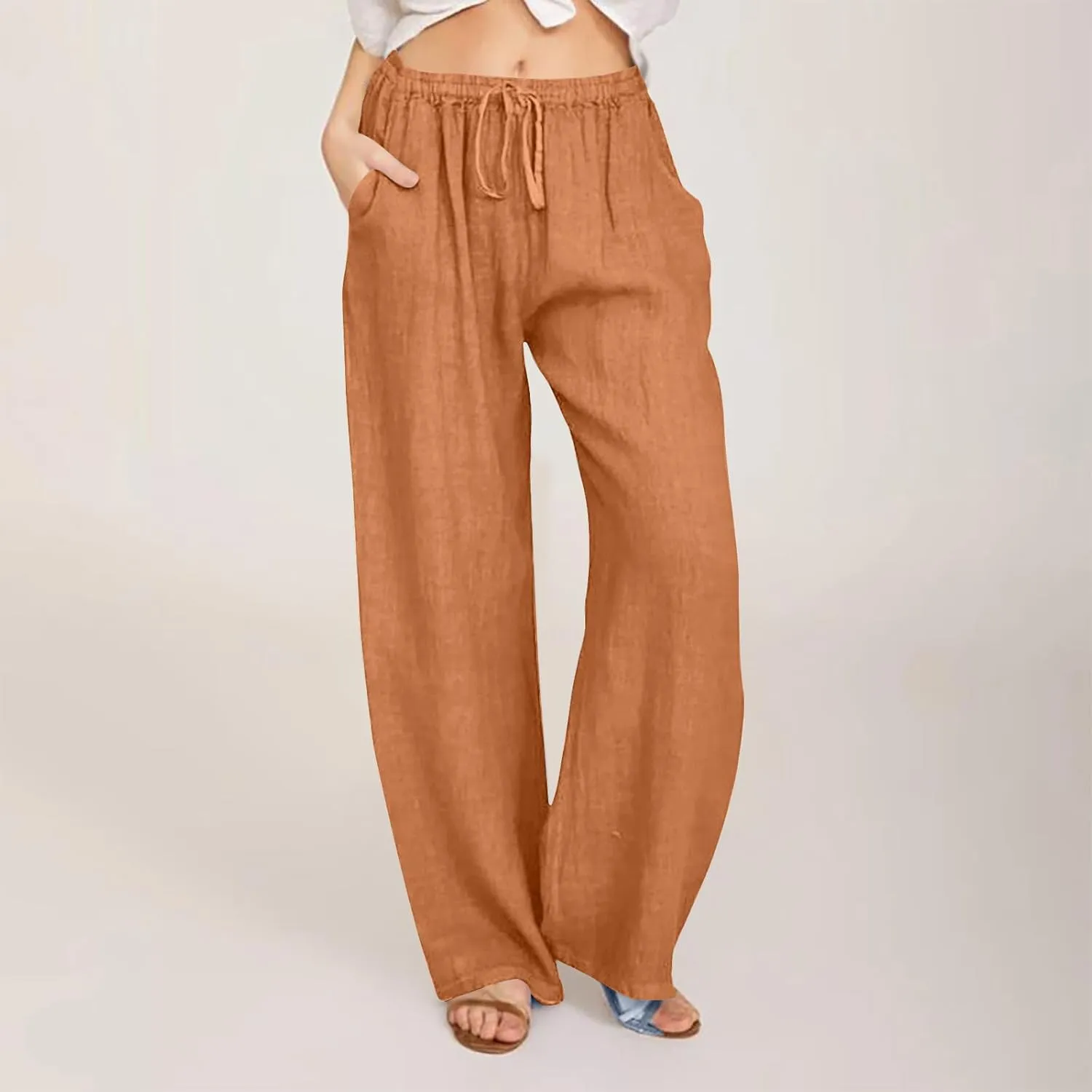 Womens Casual Linen Pants Loose Fit High Waist Boho Palazzo Beach Pants Wide Leg Cropped Elastic Waist Baggy Pants