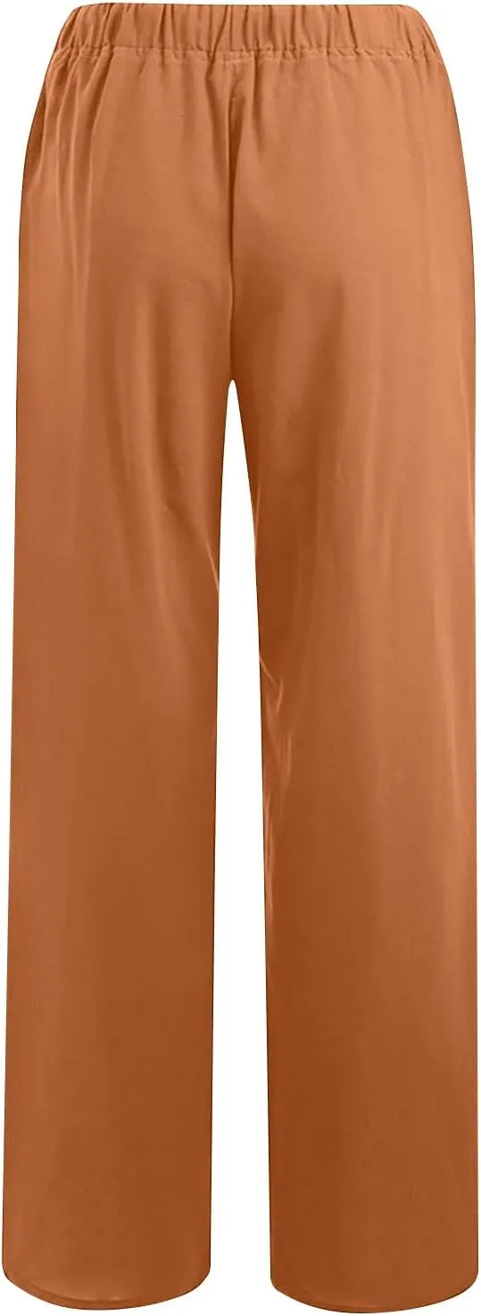 Womens Casual Linen Pants Loose Fit High Waist Boho Palazzo Beach Pants Wide Leg Cropped Elastic Waist Baggy Pants