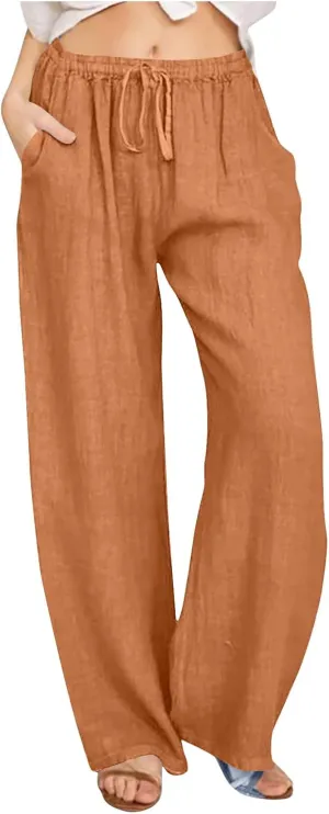 Womens Casual Linen Pants Loose Fit High Waist Boho Palazzo Beach Pants Wide Leg Cropped Elastic Waist Baggy Pants