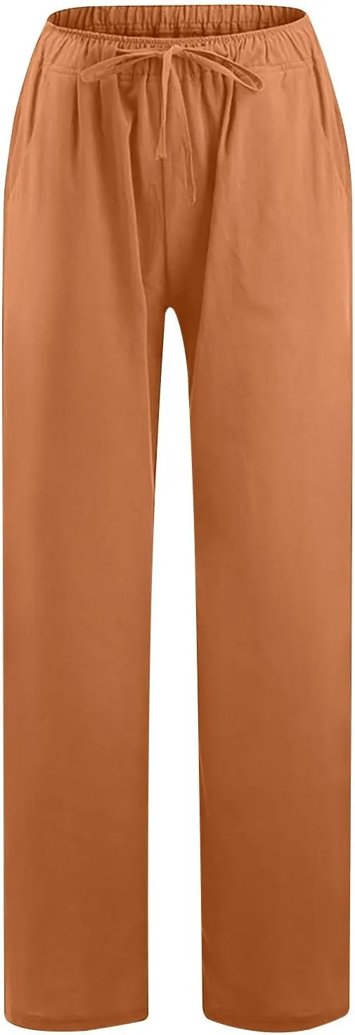 Womens Casual Linen Pants Loose Fit High Waist Boho Palazzo Beach Pants Wide Leg Cropped Elastic Waist Baggy Pants
