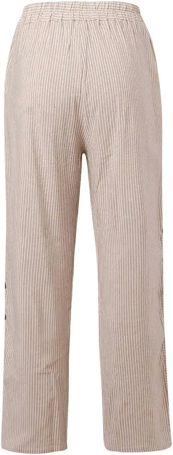 Women's Casual Pants Striped Side Button Elastic Waist Trendy Pants Straight Leg Baggy Trousers with Pocket