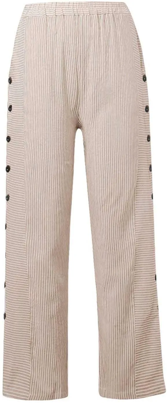 Women's Casual Pants Striped Side Button Elastic Waist Trendy Pants Straight Leg Baggy Trousers with Pocket