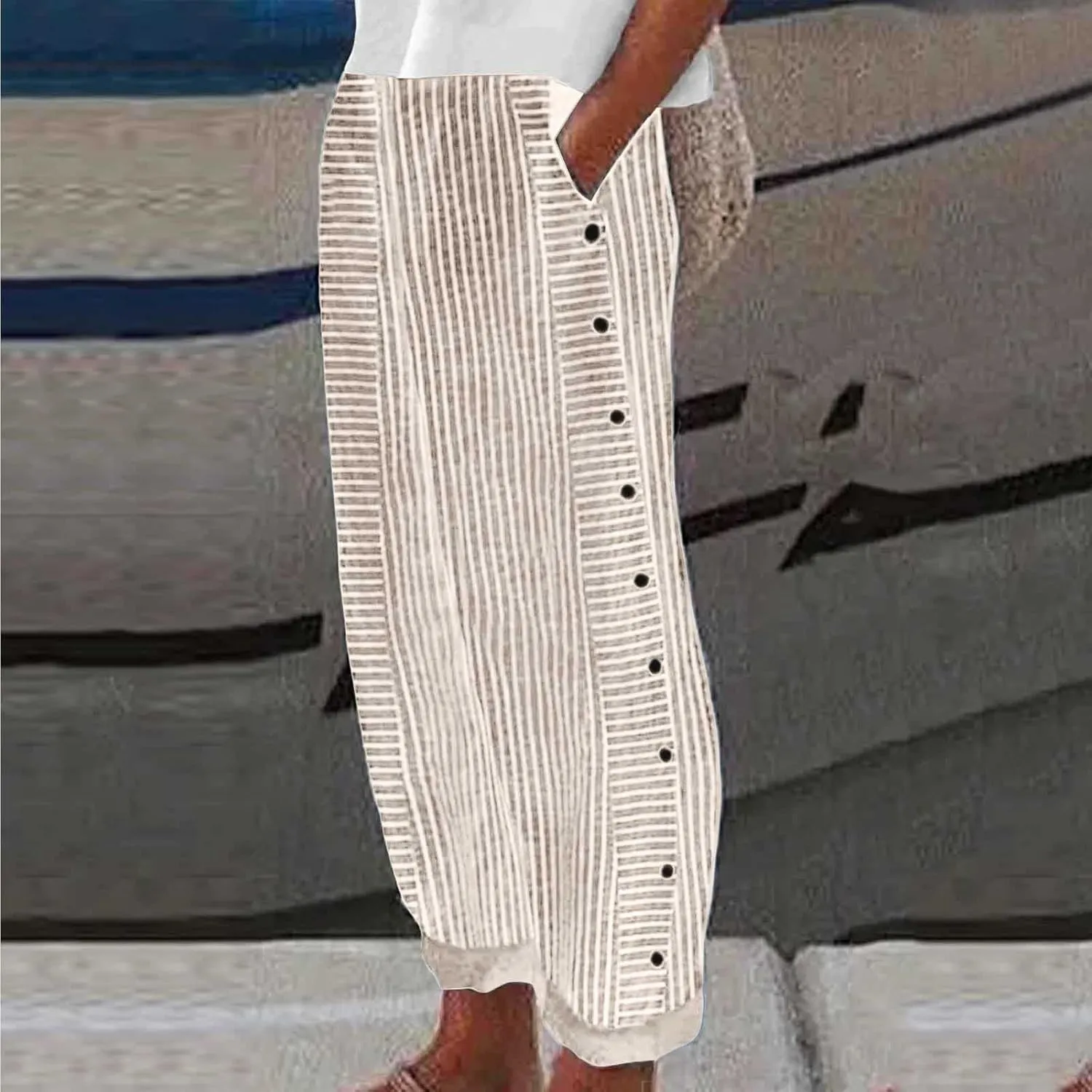 Women's Casual Pants Striped Side Button Elastic Waist Trendy Pants Straight Leg Baggy Trousers with Pocket