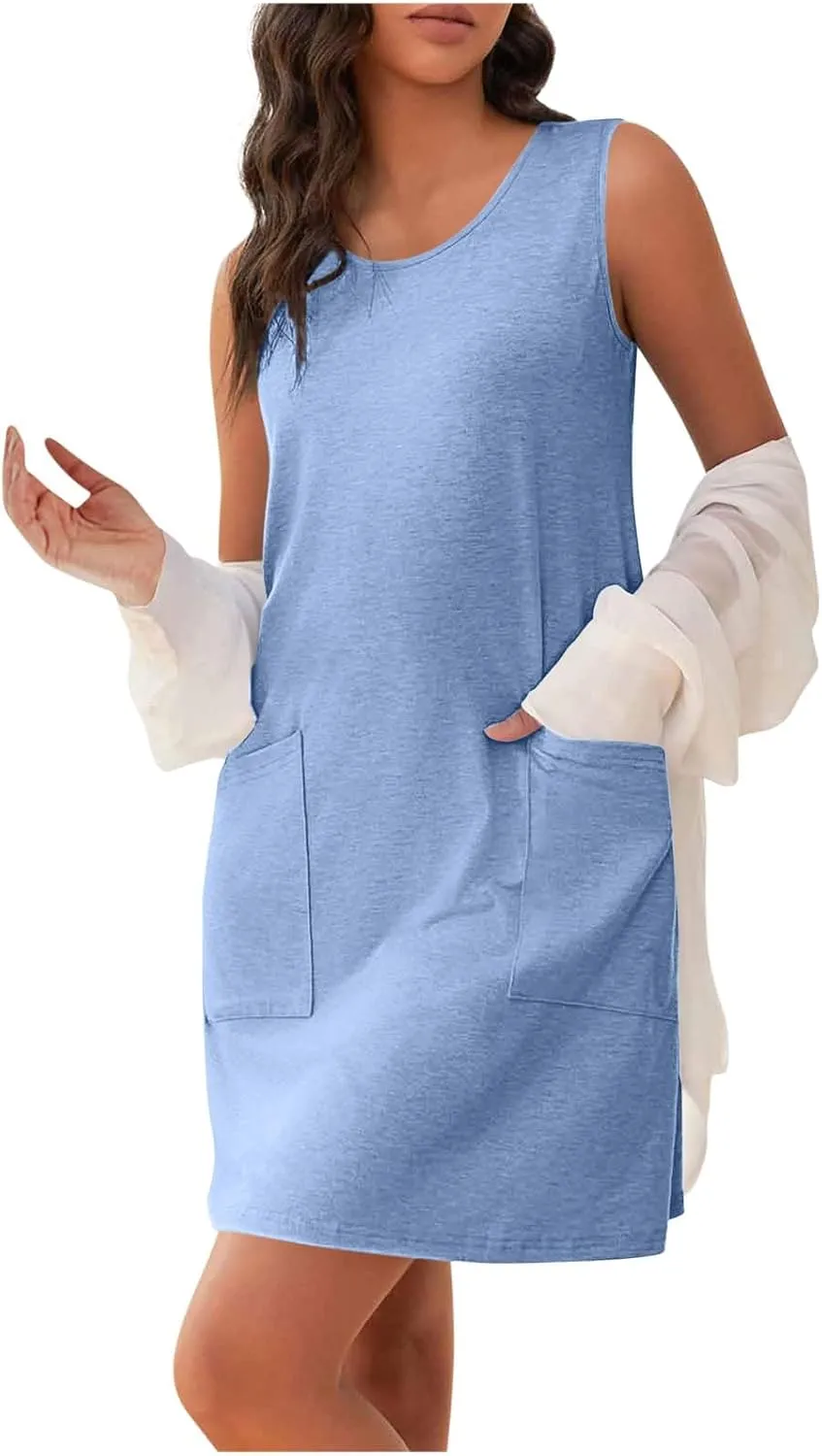Womens Casual Summer Dresses 2025 Vacation Loose Fit Mini Dress Sleeveless Crewneck Boho Beach Sundress with Pocket