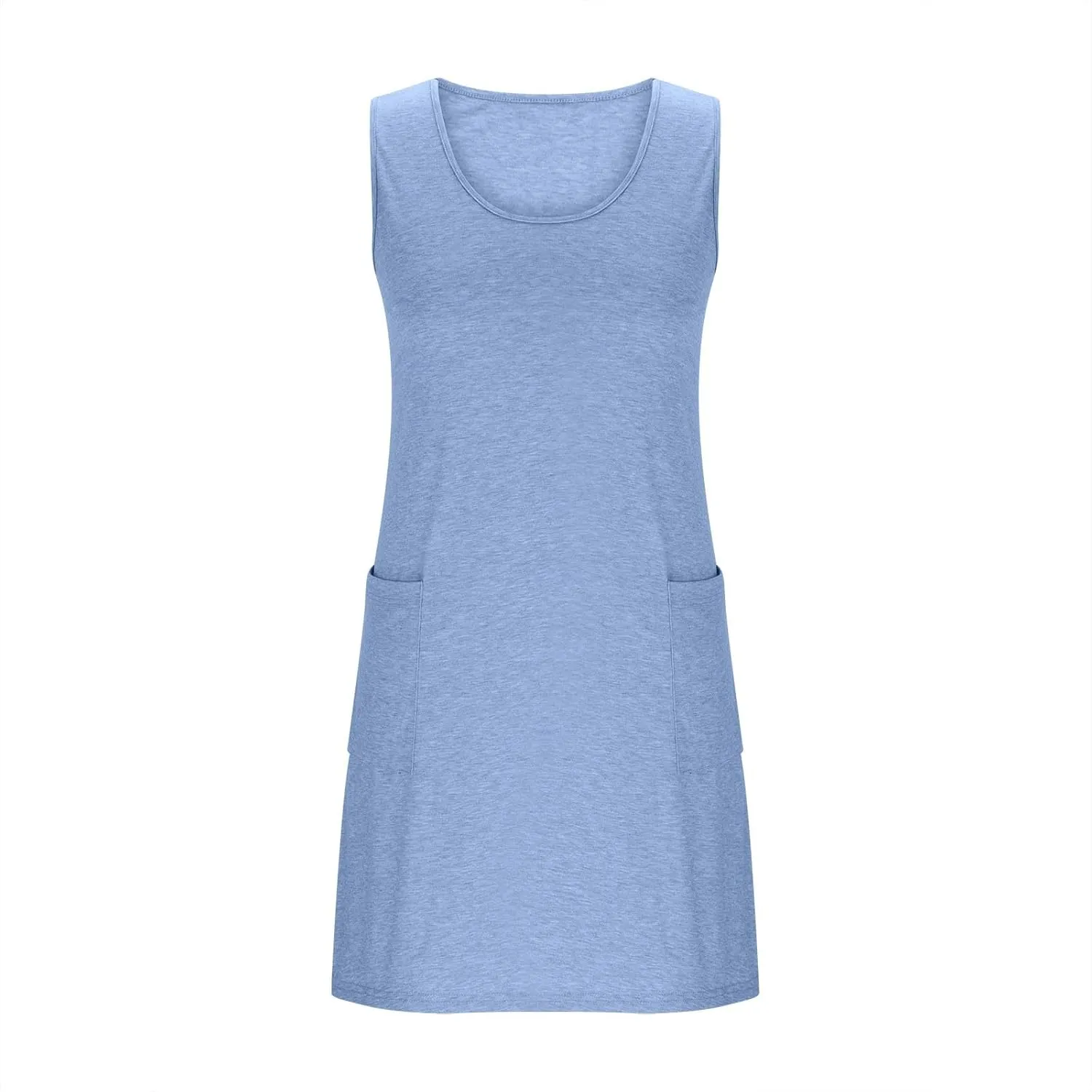 Womens Casual Summer Dresses 2025 Vacation Loose Fit Mini Dress Sleeveless Crewneck Boho Beach Sundress with Pocket