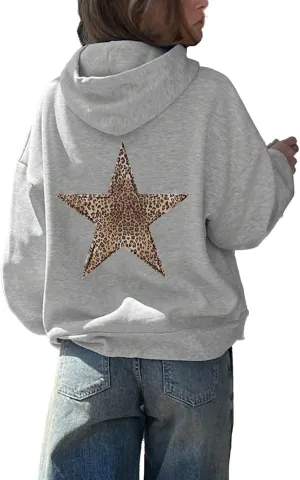 Women's Cheetah Leopard Star Print Hooded Sweatshirt Y2k Casual Long Sleeve Pullover Hoodie Tops