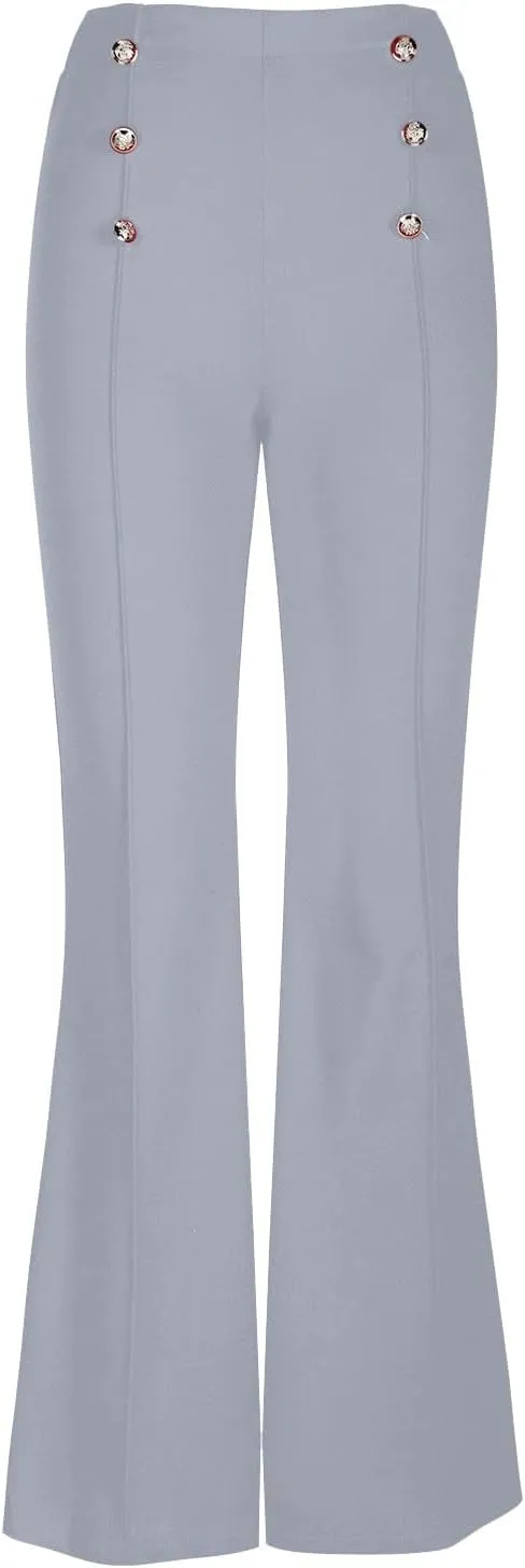 Womens Classy High Waist Double Breasted Flared Sailor Trousers Pants with Hide Zipper Tummy Button Wide Leg Pant