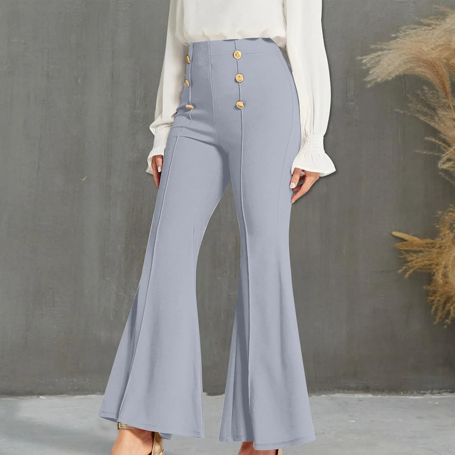 Womens Classy High Waist Double Breasted Flared Sailor Trousers Pants with Hide Zipper Tummy Button Wide Leg Pant