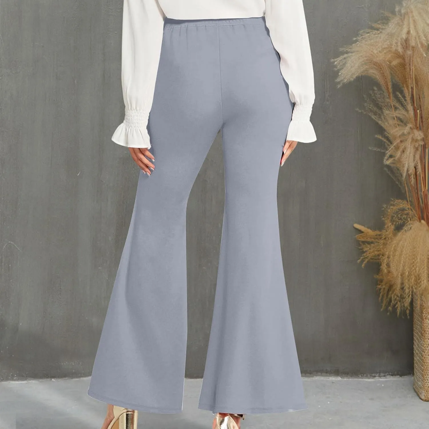 Womens Classy High Waist Double Breasted Flared Sailor Trousers Pants with Hide Zipper Tummy Button Wide Leg Pant