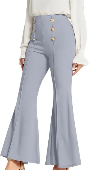 Womens Classy High Waist Double Breasted Flared Sailor Trousers Pants with Hide Zipper Tummy Button Wide Leg Pant